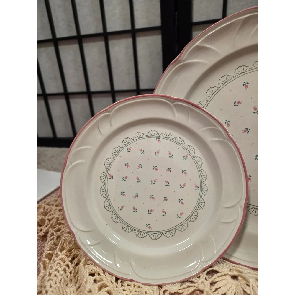 Vintage Victoriana Japan Pink Rosebud Stoneware Plate Set 1988 Cottagecore 3pc